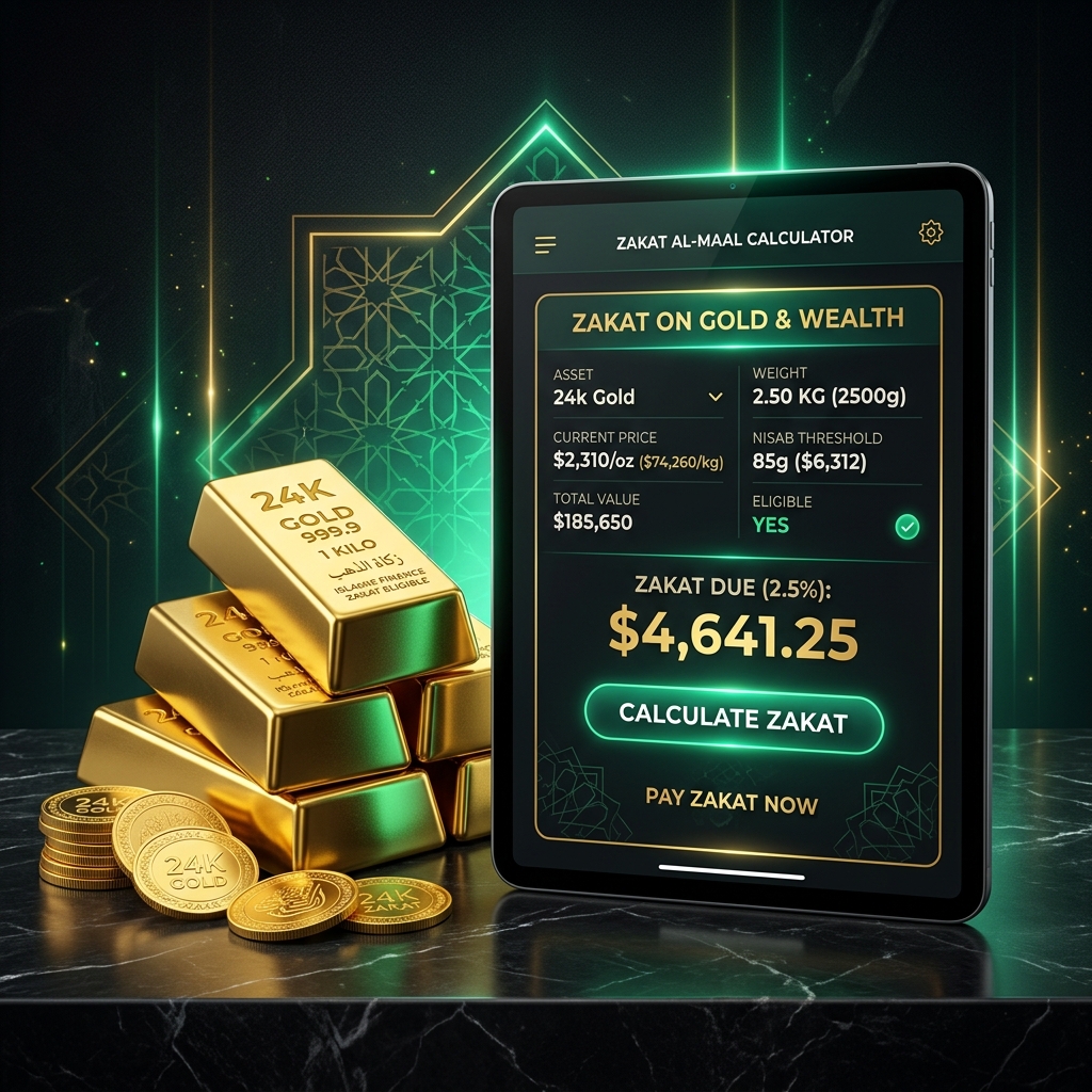 Gold jewelry and bullion stacked next to an Islamic financial Zakat calculation ledger