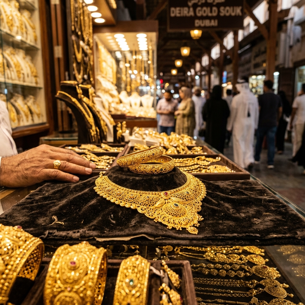 سوق الذهب في ديرة دبي يظهر مئات متاجر الذهب