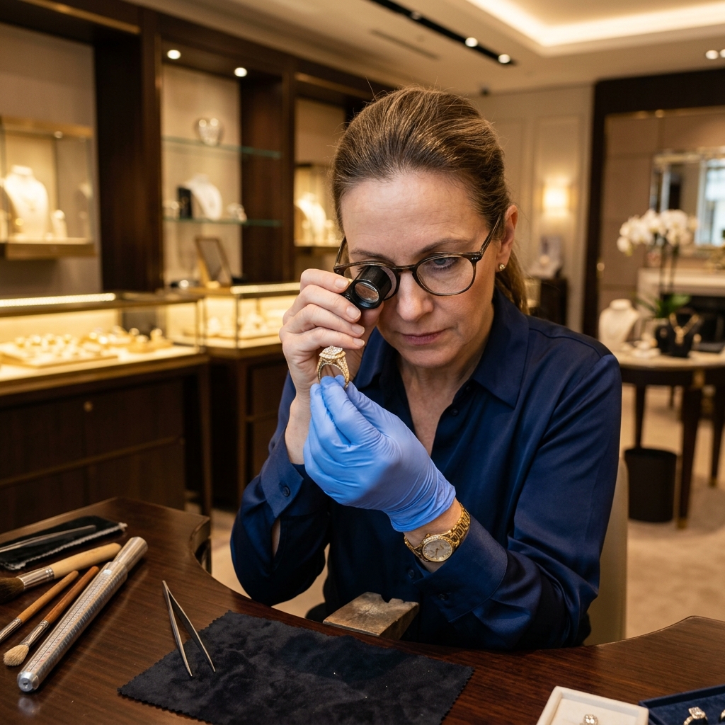 A jeweler carefully inspecting a gold ring with a loupe, representing the craftsmanship behind making charges