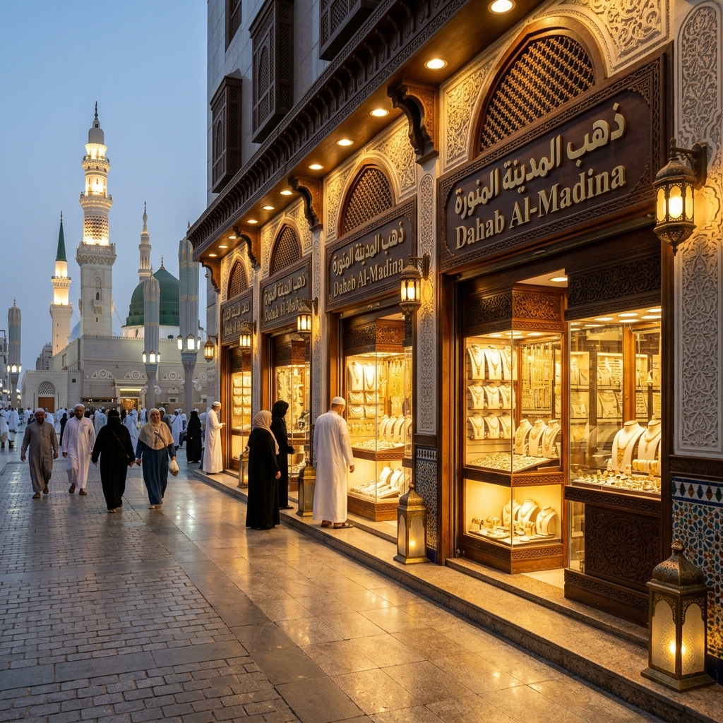 Medina Saudi Arabia showing the Prophet Mosque with golden umbrellas